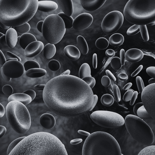 Close-up illustration of blood cells, including red cells and white cells.